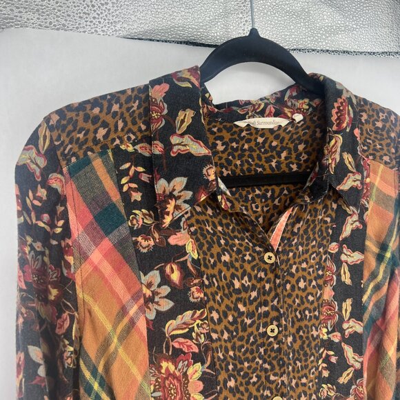 Soft Surroundings Top Button Down Shirt Mixed Print Plaid Animal Medium M Boho - Picture 3 of 9